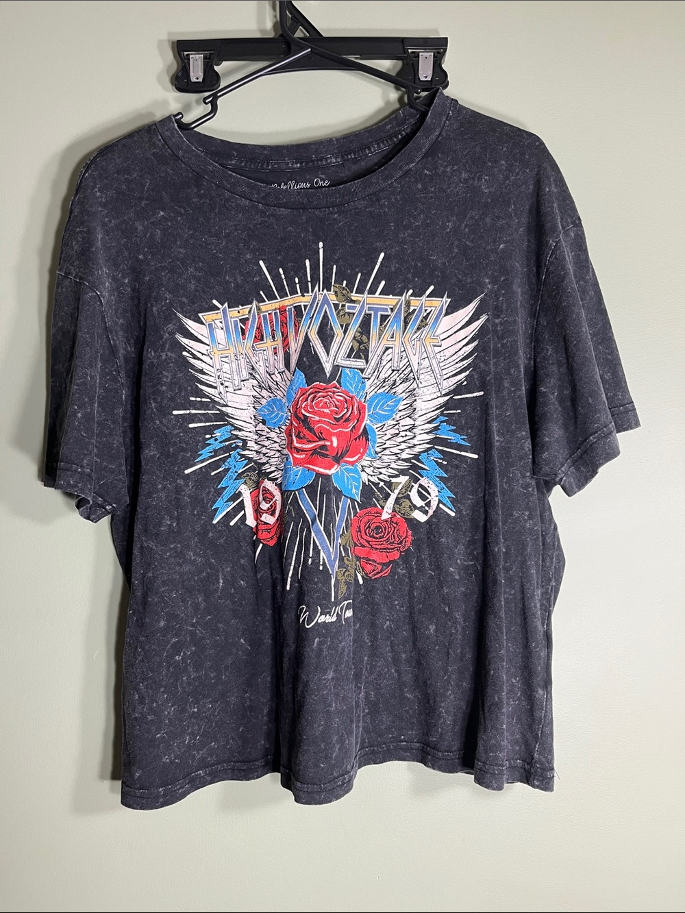 Rebellious One Black Mineral-Wash Tee with Red Rose & Blue Accents